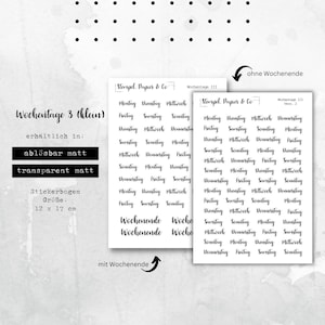 Foglio di adesivi dei giorni feriali, dal lunedì alla domenica, fine settimana, tedesco, carattere 3, adesivi rimovibili individualmente per bullet journal, agenda, calendario