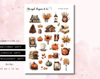 Sticker sheet with autumn motifs in vintage style, individually removable stickers for bullet journals, planners and calendars