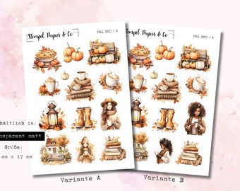 Sticker sheet with autumnal decorative motifs, individually removable stickers, transparent matt for bullet journal, planner and calendar