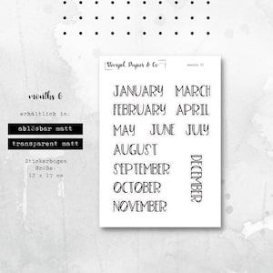 Foglio di adesivi mesi da gennaio a dicembre in inglese, adesivi rimovibili singolarmente in carattere VI per bullet journal, agenda e calendario
