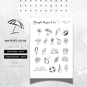 Stickervel met zomersymbolen in minimalistische stijl, individueel verwijderbare stickers voor bullet journal, planner en kalender