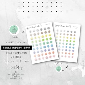 Stickerbogen Geburtstag Geburtstagstörtchen, kreisrunde Sticker transparent matt | Sticker für Bullet Journal, Planer und Kalender