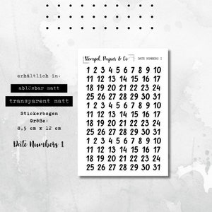 Stickerbogen Datumszahlen, einzeln ablösbare Sticker mit Zahlen für das Tagesdatum für Bullet Journal, Planer oder Kalender, Schriftart 1