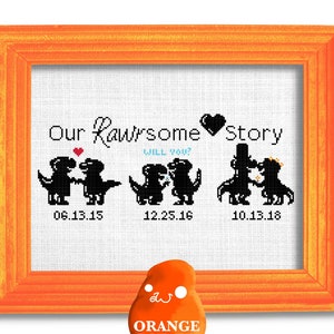ウェディングクロスステッチ、かわいい恐竜トレックスカップルタイムライン、楽しいしゃれ恐竜愛好家の婚約または結婚の儀式の贈り物、簡単な初心者用クロスステッチチャート