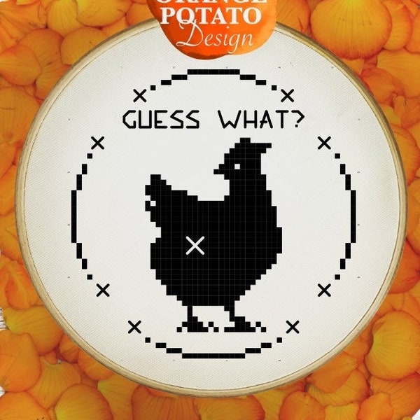 Digital Cross Stitch Pattern: Guess What? Chicken Butt!  Cute Snarky Counted Xstitch Chart, Small Easy Beginner Pattern, Retro 90's Joke