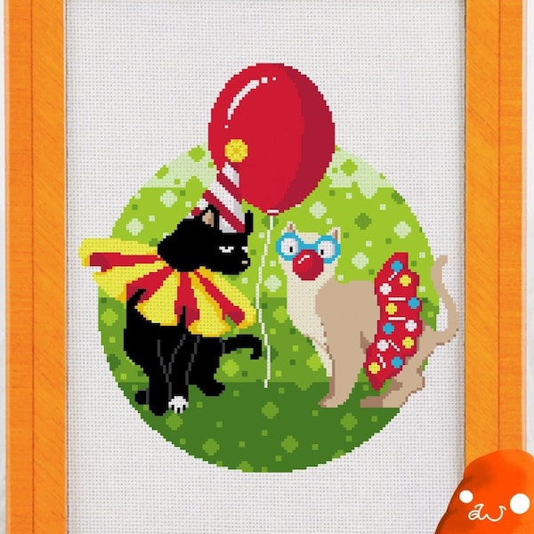 Digital Cross Stitch Pattern: Cute Cat Clowns, Silly Whimsical Feline Circus, Fun Xstitch Chart for the Cat Lover, Beginner Friendly Pattern