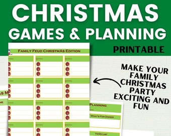 May include: Printable Christmas planning and games checklist with a green and red color scheme. The checklist includes sections for planning, to-do list, guest list, notes, and a family feud Christmas edition game.