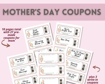 Mothers Day Coupon Book Mothers Day Coupons Printable Mother's Day Gift Idea from the Kids Custom Mother's Day Gifts