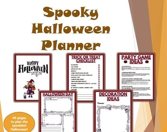 May include: Printable Halloween planner with 46 pages of checklists, party game ideas, decoration ideas, and a Halloween day planner. The pages feature a spooky witch, skeletons, and pumpkins.