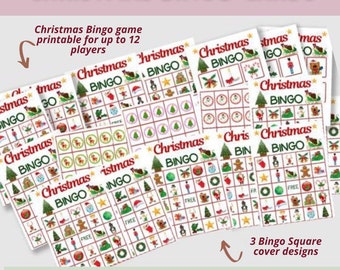 May include: A set of printable Christmas bingo cards with various holiday images, including a Christmas tree, a gingerbread man, a stocking, and a snowman. The text on the cards reads "Christmas Bingo".