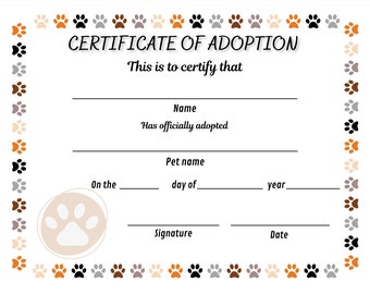 Pet Adoption Certificates | Cat Adoption Certificate | Puppy Adoption Certificate | Cat Dog Horse Turtle Rabbit Fish Adoption Certificates