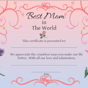 Tarjeta imprimible para el Día de la Madre: Certificado de premio imprimible para la mejor mamá del Día de la Madre. Certificados para la mejor mamá de la historia para el regalo del Día de la Madre de los niños.