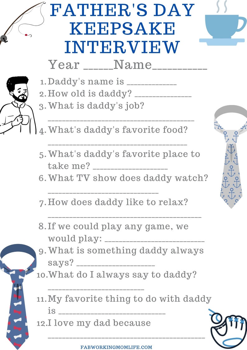 Father's Day Keepsake Interview Printable Fathers Day Printable Questionnaire Fathers Day Gift All About My Daddy Dad Gift from the Kids image 2