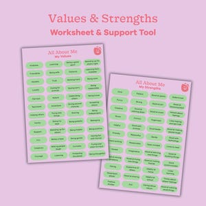 Values and Strengths worksheet tool. Mental health printable, therapy tools, counselling resource, psychology worksheet for teens and kids