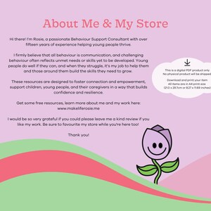 May include: Pink and green background with a smiling flower illustration. Text reads "About Me & My Store" and includes information about a behavior support consultant who creates resources to help children and young people. The text also includes a website address and a note that the product is a digital download.