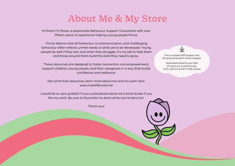 May include: Pink and green background with a smiling flower illustration. Text reads "About Me & My Store" and includes information about a behavior support consultant who creates resources to help children and young people. The text also includes a website address and a note that the product is a digital download.