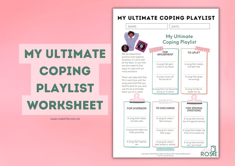 My Ultimate Coping Playlist Worksheet for Teens. Mental Health