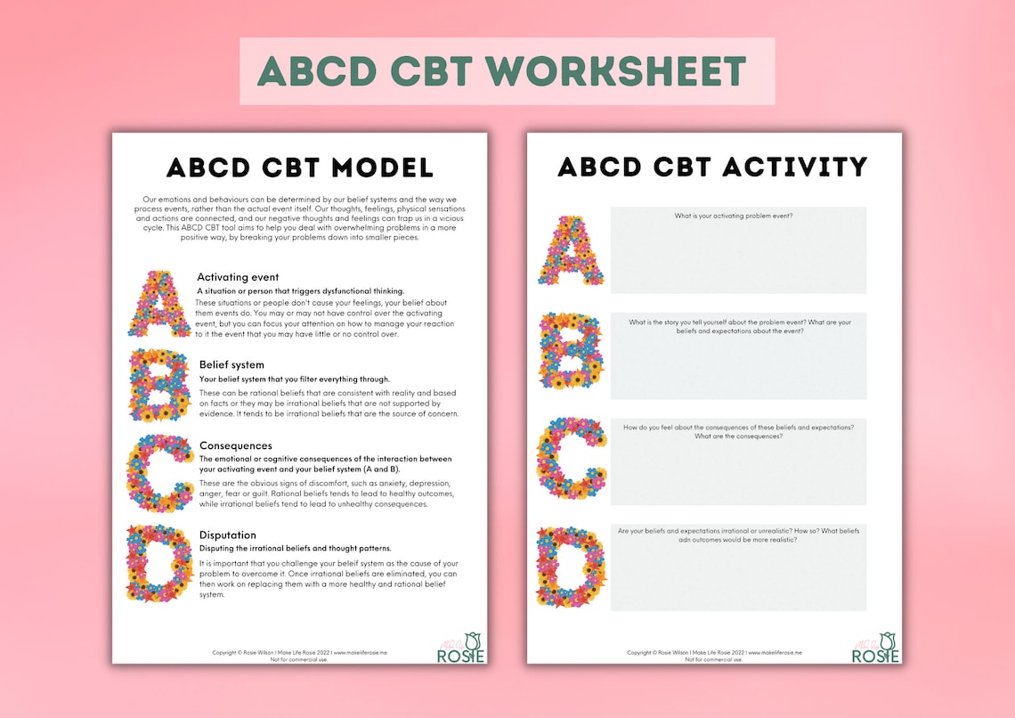 ABCD CBT Model With Worksheet. Cognitive Behaviour Therapy for Teens and Kids, Mental Health