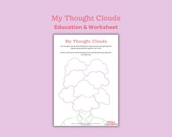 My thought clouds worksheet for teens and kids. Mental health printable digital resource, therapy tools, counselling resource.