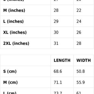 May include: Size guide for a garment with measurements in inches and centimeters. The table shows the length and width of the garment in inches and centimeters for sizes S, M, L, XL, and 2XL.