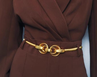 Vintage Geometric Belt, Gold Metal Chain Belt