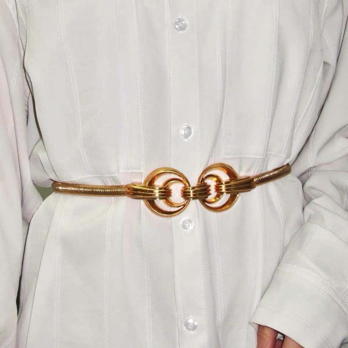 VINTAGE gold geometrical waist belt 39 inches long V Shape Gold Embellished Waist Belt Transparant Plastic 90s  main image 4