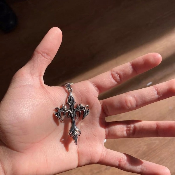 Y2k Silver Punk Flame Cross Chain