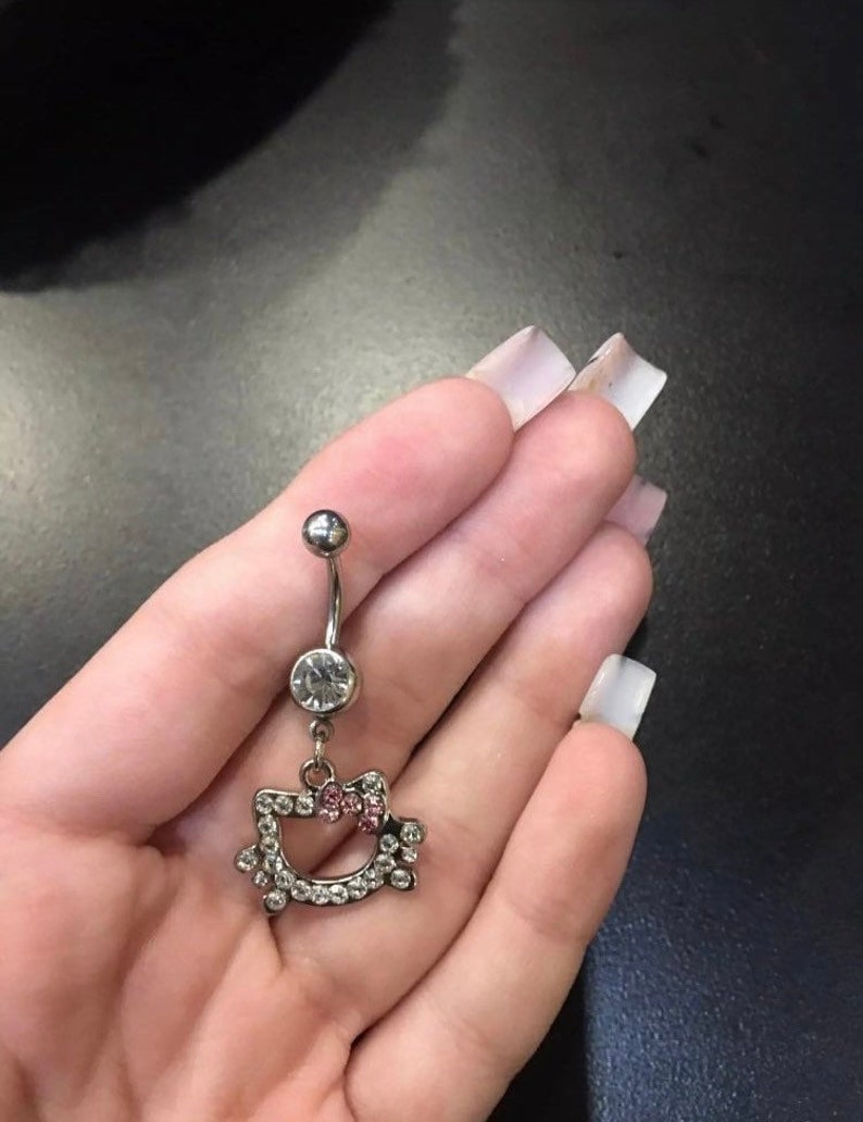 Silver Sparkly Y2k Kitty Surgical Steel Dangly Belly Button Etsy