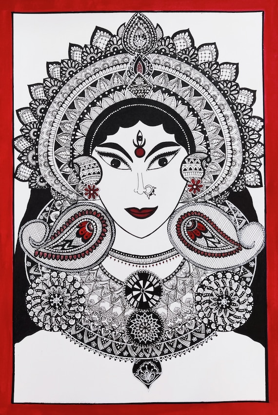 Durga with Mahishasura Kalighat painting | Folk Art | Memeraki – MeMeraki