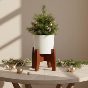 Handmade White Plant Pot with Mahogany Wood Finish Stand, Eco-Friendly Decor