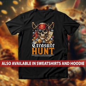 Camiseta de calavera de búsqueda del tesoro pirata, sudadera para amantes del misterio, sudadera con capucha con mapa del tesoro y monedas de oro, camiseta de cazadores de tesoros con calavera pirata