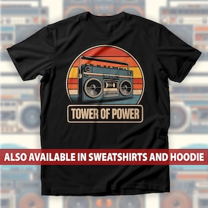T-shirt retrò Boombox, felpa anni '80 Tower of Power, felpa con cappuccio Vintage Stereo Vibes per DJ, maglietta per appassionati di hip-hop e collezionisti di musica old school
