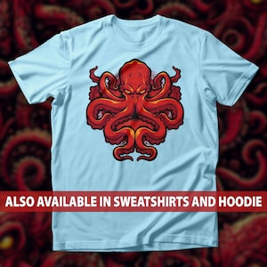 Fierce Red Octopus T-Shirt, Kraken Tentacle Sea Monster Sweatshirt, Nautical Ocean Tattoo Style Hoodie, Marine Horror Oceanic Mythology Top