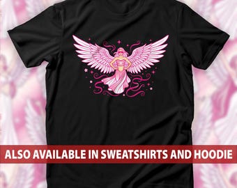 Strong Pink Angel Feminist T-Shirt, Empowering Girl Power Wings Sweatshirt, Women's Rights Empowerment Hoodie, Confident Goddess Style Tee