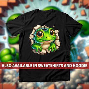Cartoon Frog Breaking Through Wall T-Shirt, Playful Amphibian Sweatshirt, 3D Realistic Green Frog Hoodie, Frog 3D Wall Break Tee Top