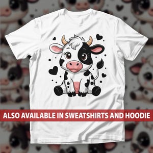 Adorable t-shirt vache dessin animé, bébé vache avec grands yeux et coeurs sweat-shirt, sweat à capuche cadeau pour amoureux des animaux de la ferme, t-shirt vache laitière, haut fermier