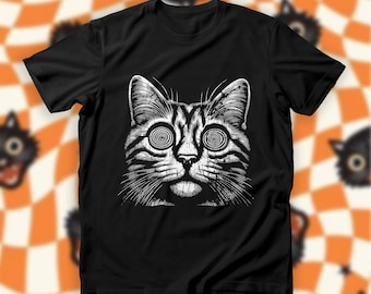 サイケデリックな猫のTシャツ、トリッピーなゴシックオルタナティブTシャツ、ダークな美的シャツ、クラストパンクグランジトップ、オルタナティブファッション、エッジの効いたキティグラフィックTシャツ