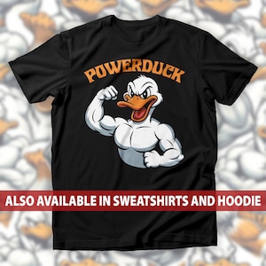 パワーダックバフジムTシャツ、面白い筋肉を誇示するダックのスウェットシャツ、漫画フィットネスワークアウトパーカー、アルファダックジムユーモアTシャツ