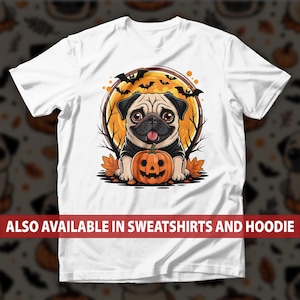 Cute Pug Halloween T-Shirt, Dog And Jack-o-lantern Tee, Bats And Autumn Leaves Top, Adorable Spooky Season Puppy Magic Shirt
