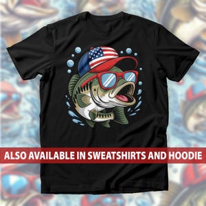 Patriotic Bass Fishing T-Shirt, 4th of July with USA Flag Hat & Shades Sweatshirt, American Fishermen Hoodie, Independence Day Tee