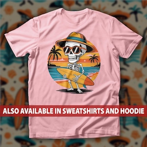 Retro Skeleton Surfer T-Shirt, Sunset & Surfboard Beach Goth Tee, Summer Vibes Shirt, Spooky Humor And Tropical Halloween Style Top