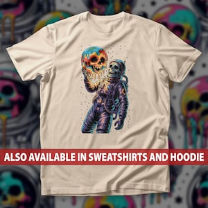 Psychedelic Skeleton Astronaut Holding Melting Skull Planet T-Shirt, Trippy Cosmic Horror Sweatshirt, Spacecore Sci-Fi & Vaporwave Dark Tee