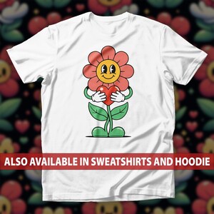 Cute Smiling Flower Holding Heart T-Shirt, Wholesome Happy Floral Cartoon Sweatshirt, Kindness, Positivity & Self Love Vibes Hoodie