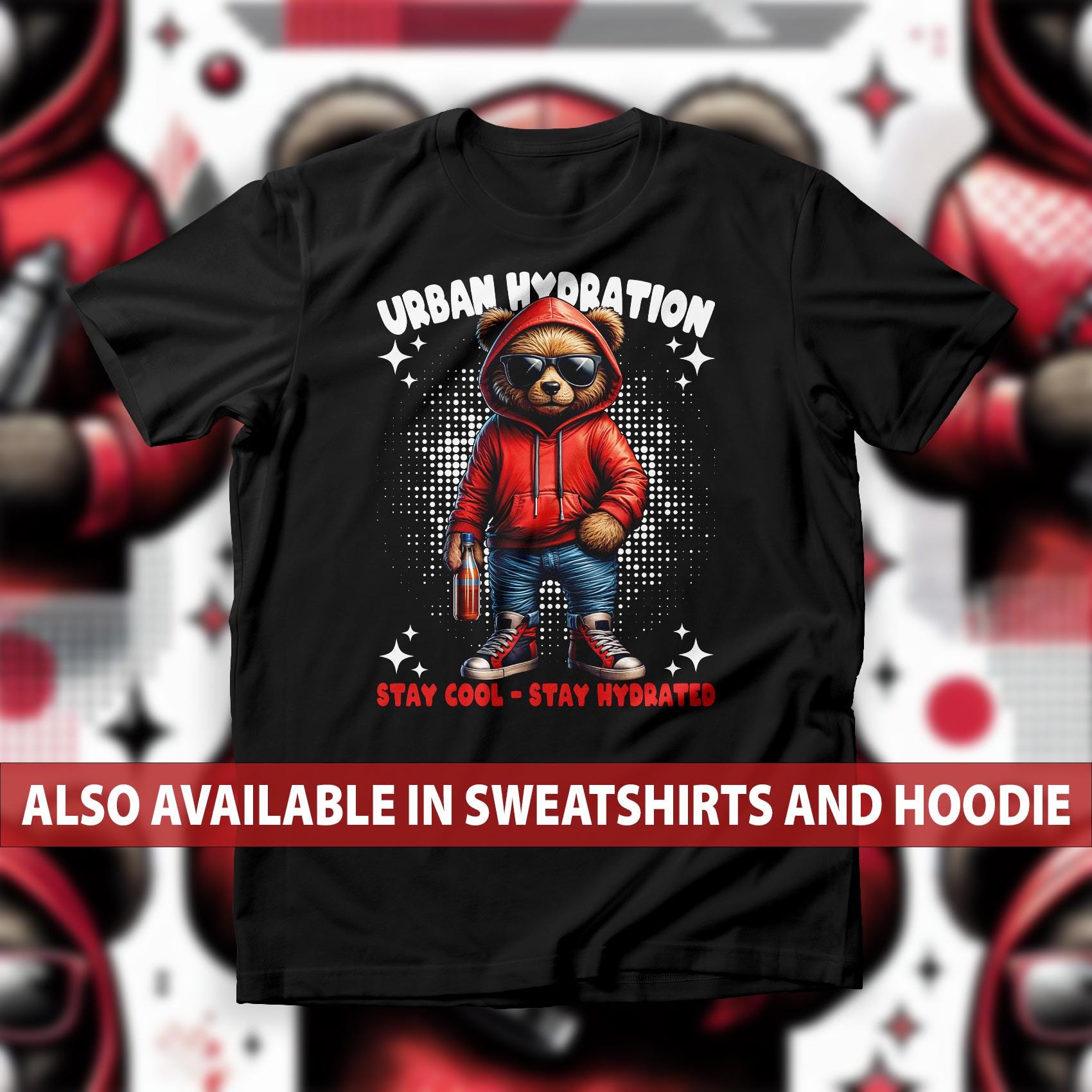 Urban Hydration Bear T-Shirt, Urban Bear with Sunglasses and Drink Sweatshirt, Trendy Streetwear Hoodie, Urban Fashion Enthusiasts Tee Top