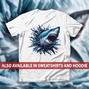 Shark Breaking Through Ice T-Shirt, Epic Shark Attack Sweatshirt, 3D Great White Shark Hoodie, Ocean’s Predators Tee, Jaw-Dropping Shark Top