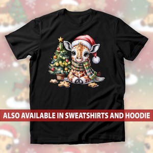 Christmas Baby Giraffe in Santa Hat and Scarf T-Shirt, Sitting Beside Xmas Tree Sweatshirt, Holiday Animal Lover Hoodie, Festive Top