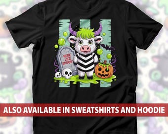 Cute Halloween Cow Shirt, Spooky Highland Cow Tee, Funny Halloween Animal Shirt for Fall, Here Lies Spooky Graphic Tee
