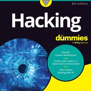 Może przedstawiać: Ósme wydanie książki Hacking for Dummies autorstwa Kevina Beavera, CISSP. Okładka ma czarne tło z żółtymi i turkusowymi akcentami, żółtą ikonę osoby w okularach oraz niebieską, okrągłą grafikę przedstawiającą cyfrowe oko.