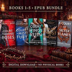 Op de afbeelding: Een digitaal EPUB-pakket met vijf boeken van Sarah J. Maas: A Court of Thorns and Roses, A Court of Mist and Fury, A Court of Wings and Ruin, A Court of Frost and Starlight en A Court of Silver Flames. De afbeelding toont de boekomslagen.