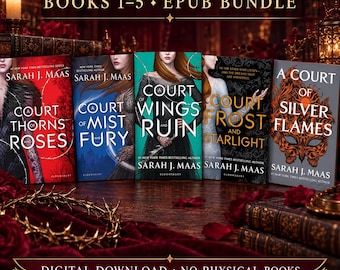 May include: A digital EPUB bundle of five books by Sarah J. Maas: A Court of Thorns and Roses, A Court of Mist and Fury, A Court of Wings and Ruin, A Court of Frost and Starlight, and A Court of Silver Flames. The image displays the book covers.